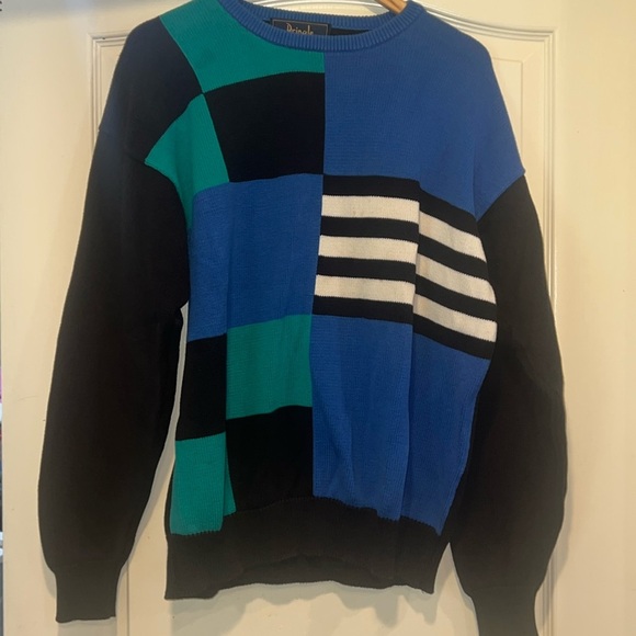Vintage 80s Retro Geometric Print Cotton Oversized Crewneck Sweater - Picture 1 of 8